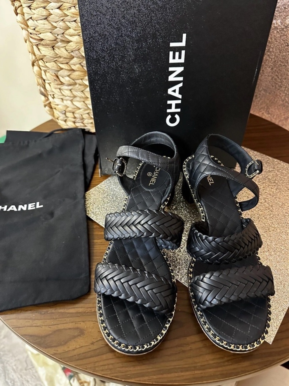CHANEL Black Braided Leather Platform Sandals